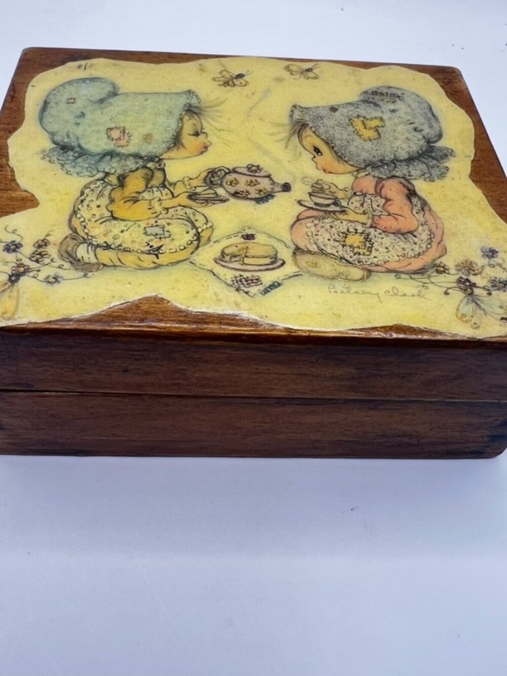 Vtg 1970 Betsey Clark Precious Moments Wooden Trinket Box Handmade 4x3.5x1.5"